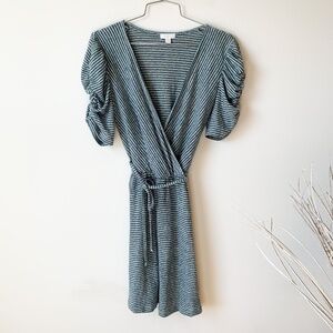 C. Wonder Green Stripe Puff Sleeve Wrap Dress sz S